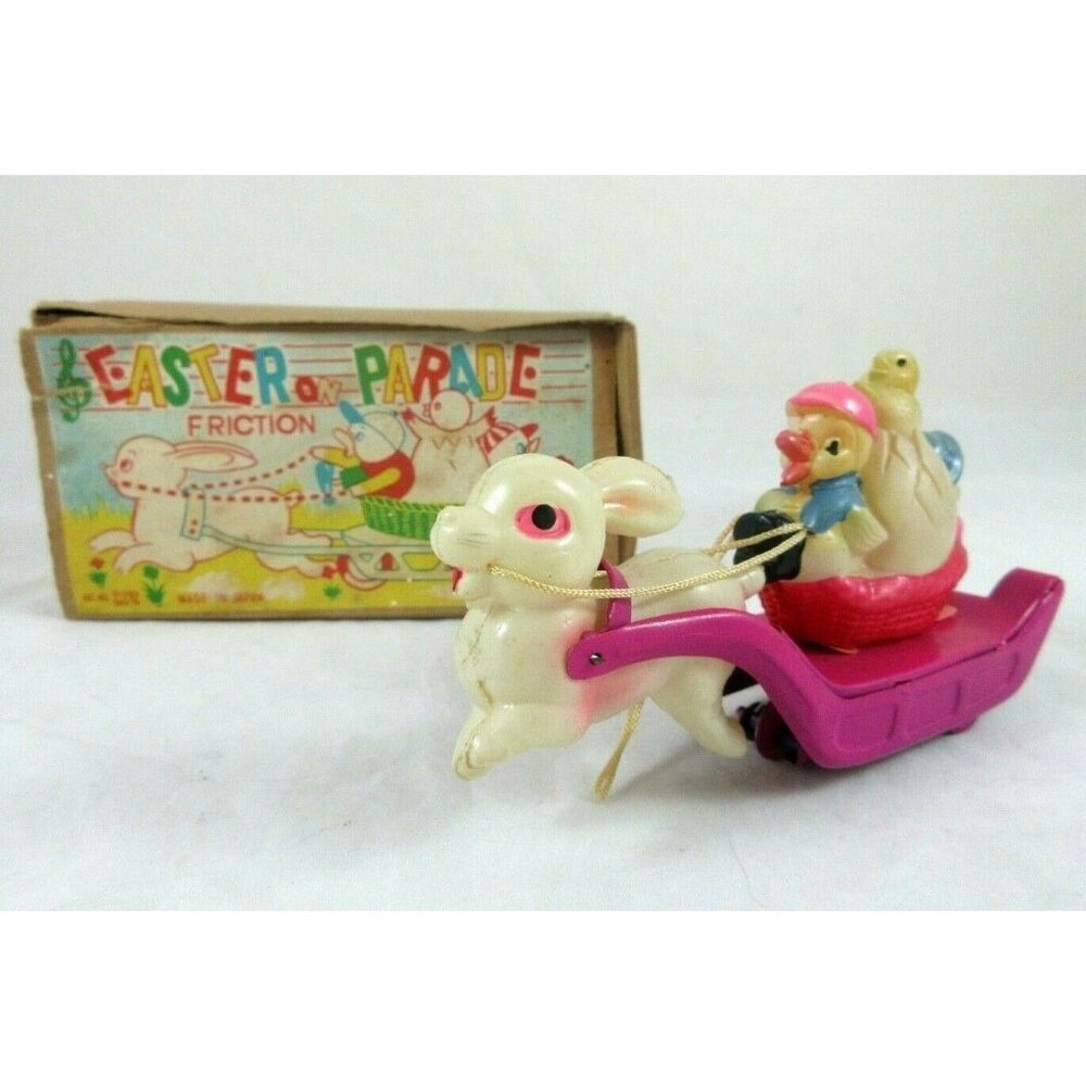 Antique EASTER ON PARADE CELLULOID & TIN FRICTION w BOX OCCUPIED JAPAN 1946 TOY